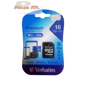   MicroSD kártya Verbatim 16GB 44082 SDHC U1 Class 10 micro adapterrel