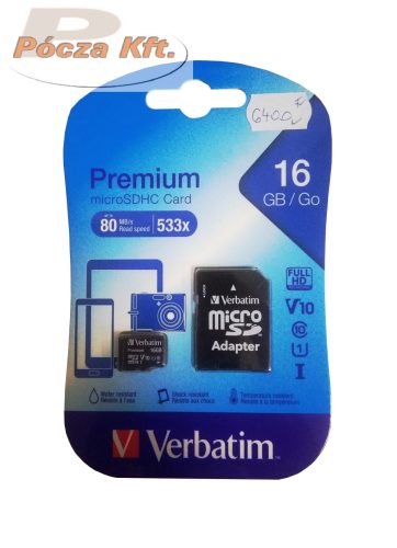 MicroSD kártya Verbatim 16GB 44082 SDHC U1 Class 10 micro adapterrel